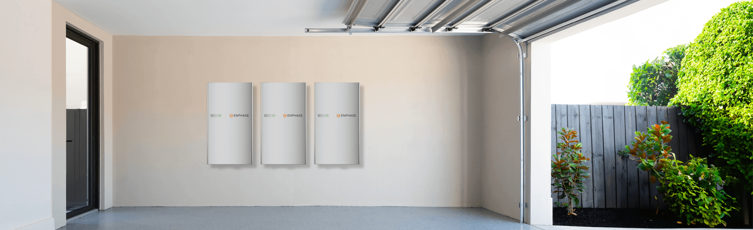 Solar-Batteries-in-Garage Garage rendering, featuring three batteries installed on the wall