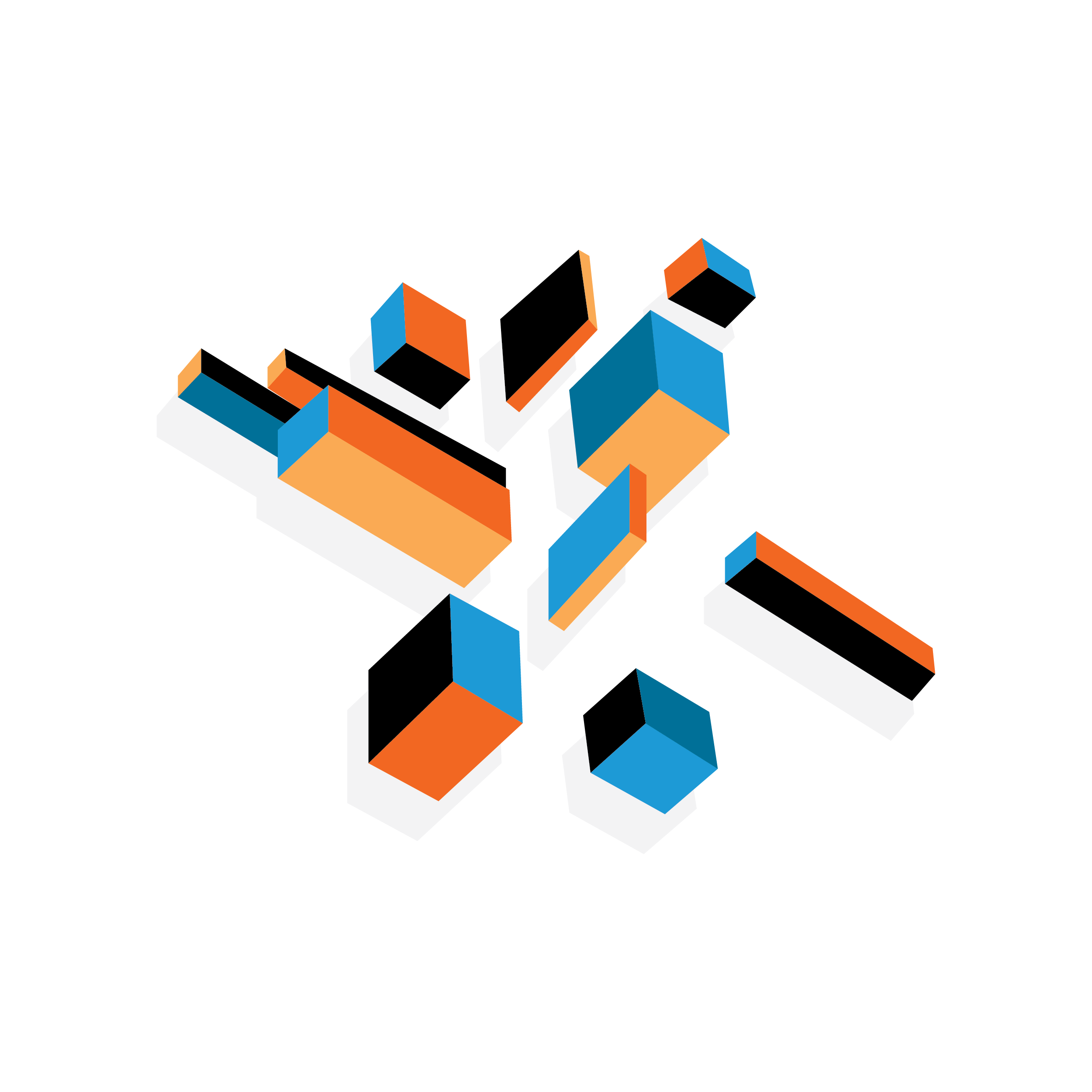 Modern, three-dimensional cubes in black, orange, yellow, and blue