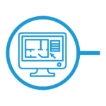 Blue thin-line circle icon with desktop computer inside