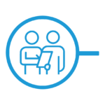 Blue thin-line circle icon with two people with a contract inside