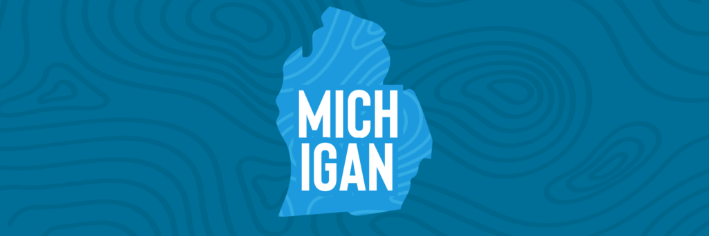 Silhouette of Michigan state in various shades of blue
