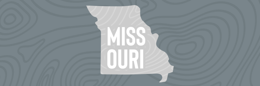 Silhouette of Missouri state in various shades of grey