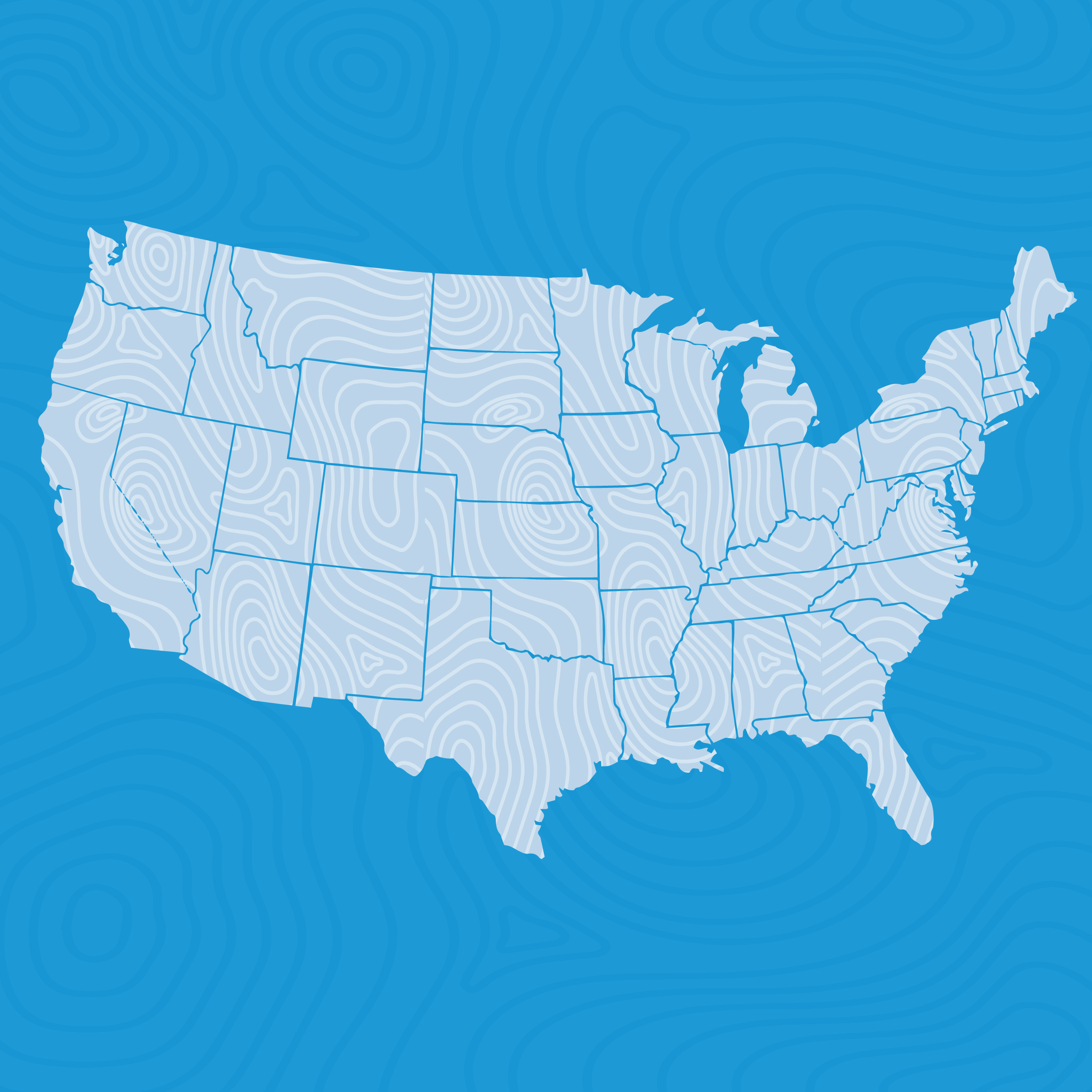 Map of the United States of America with topographic lines overlaid