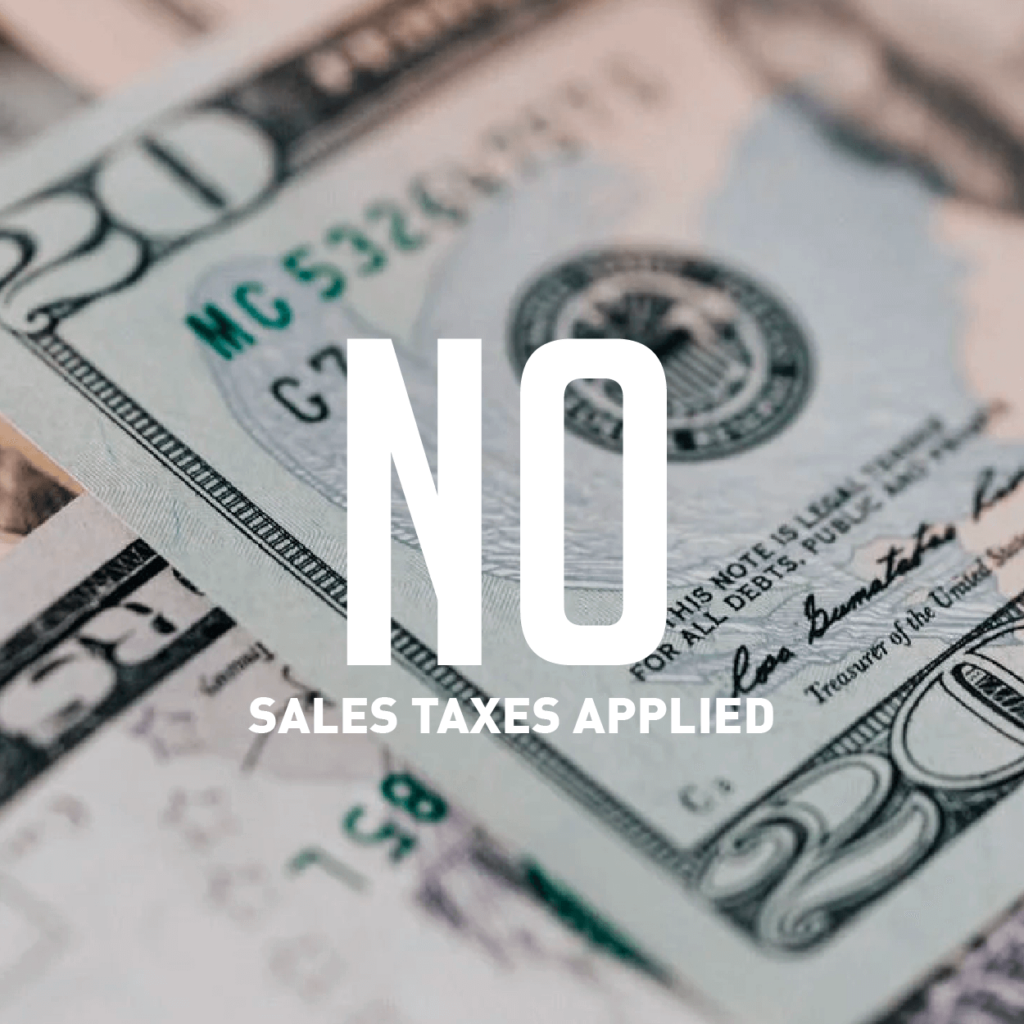 No Sales Tax Applied_Cash_Square 'No Sales Taxes Applied' text overlaid on stack of US twenty-dollar bills