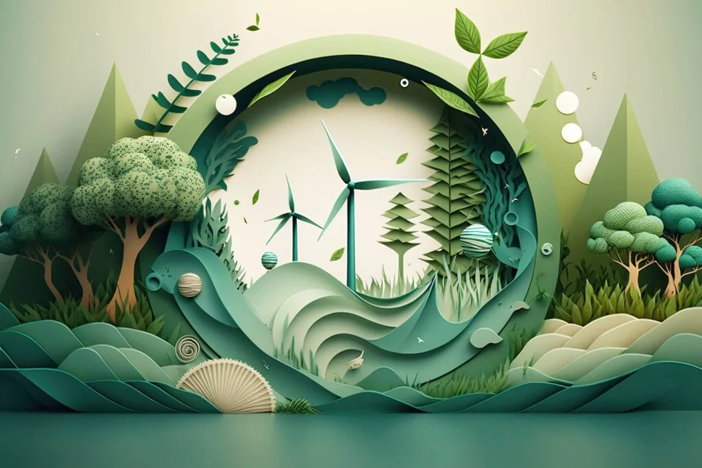 Paper illustration of wind turbines and trees Paper illustration of natural elements including water, wind, and earth