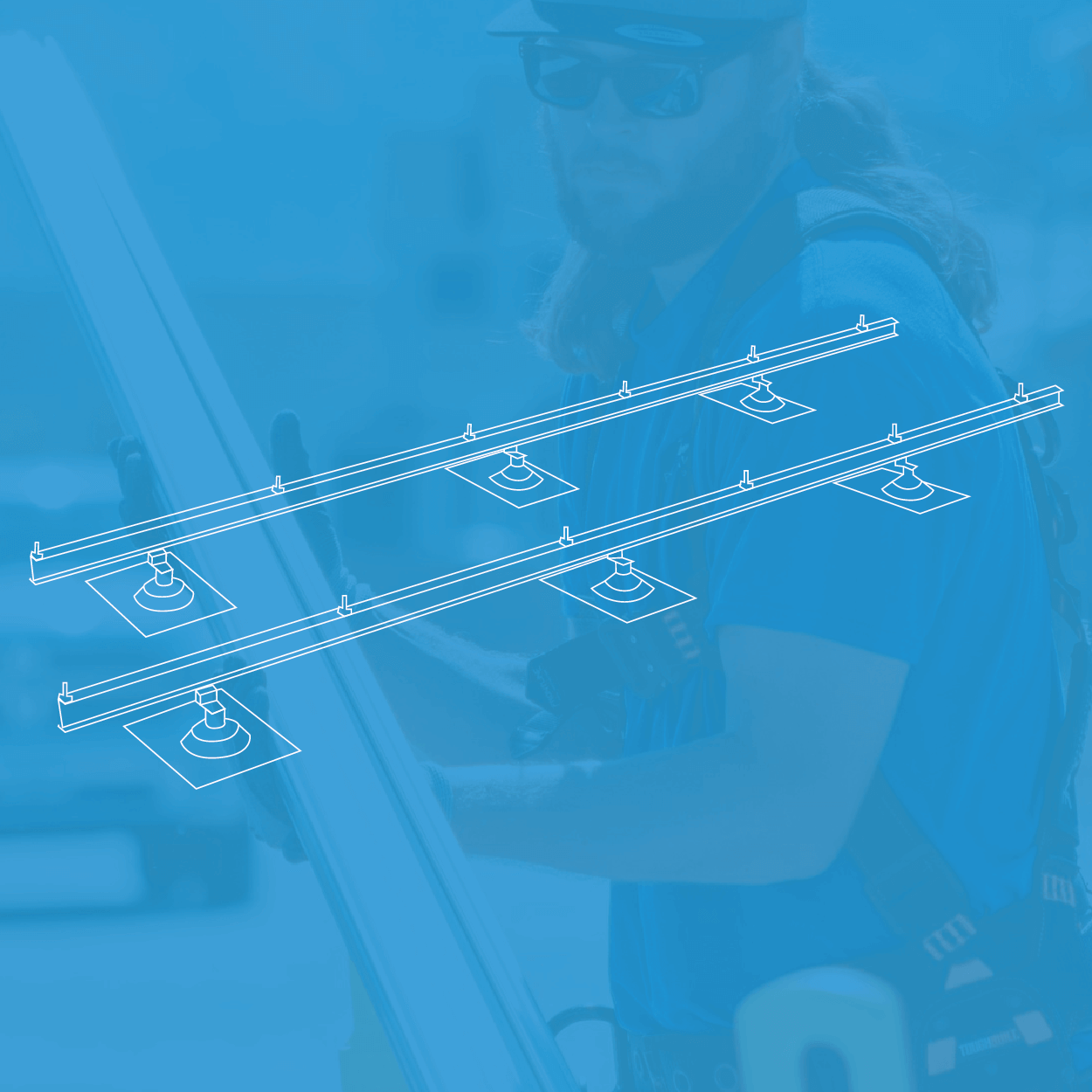 Line drawing of solar panel racking system overlaid on blue background image of a Blue Raven Solar installer holding a panel