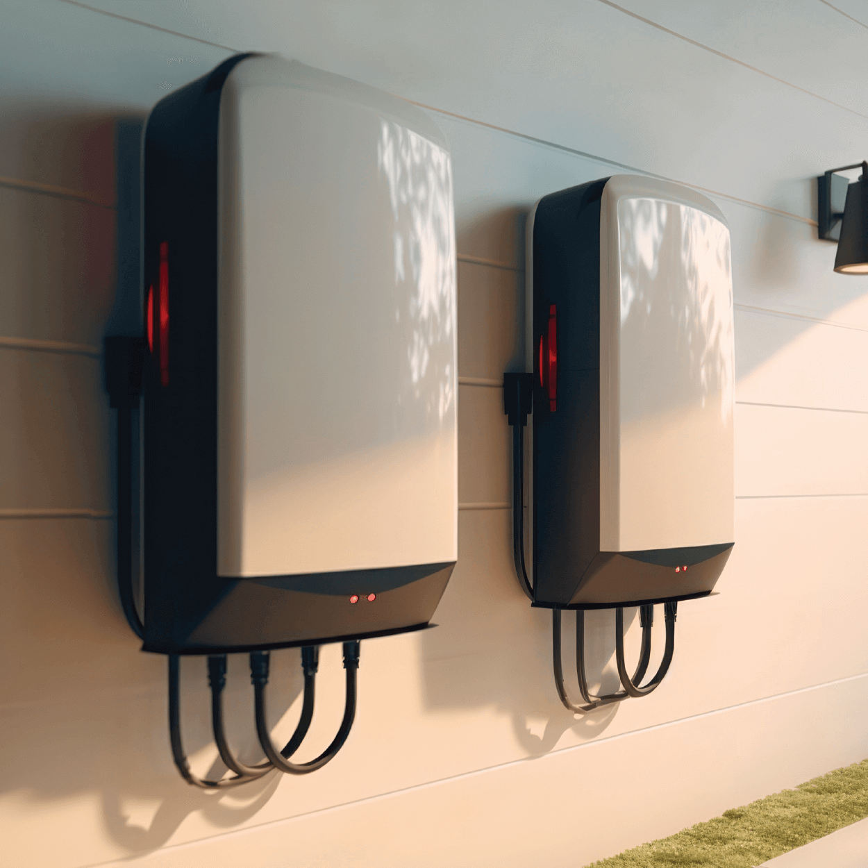 Two household battery renderings on the exterior of a house