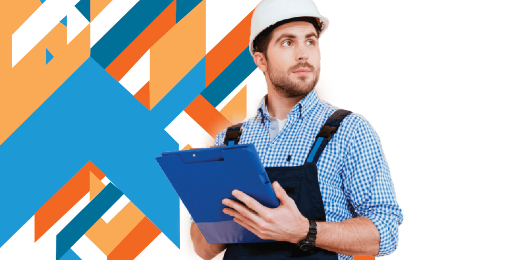 Male with white hard hat, blue clipboard, and other safety equipment looking to the right with geometric shapes in the background