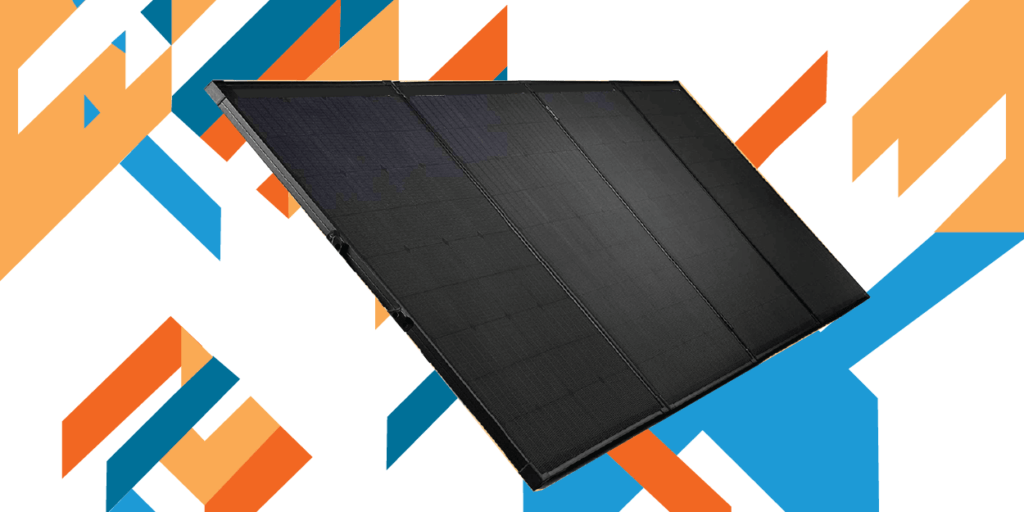 Four black-on-black, monocrystalline solar panels with geometric shapes in the background