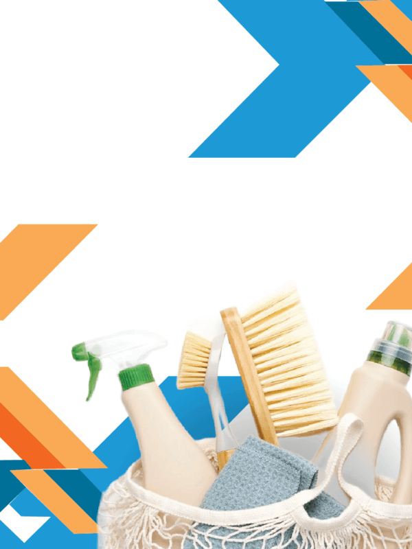 Household cleaning supplies in a crochet bag with geometric shapes in the background