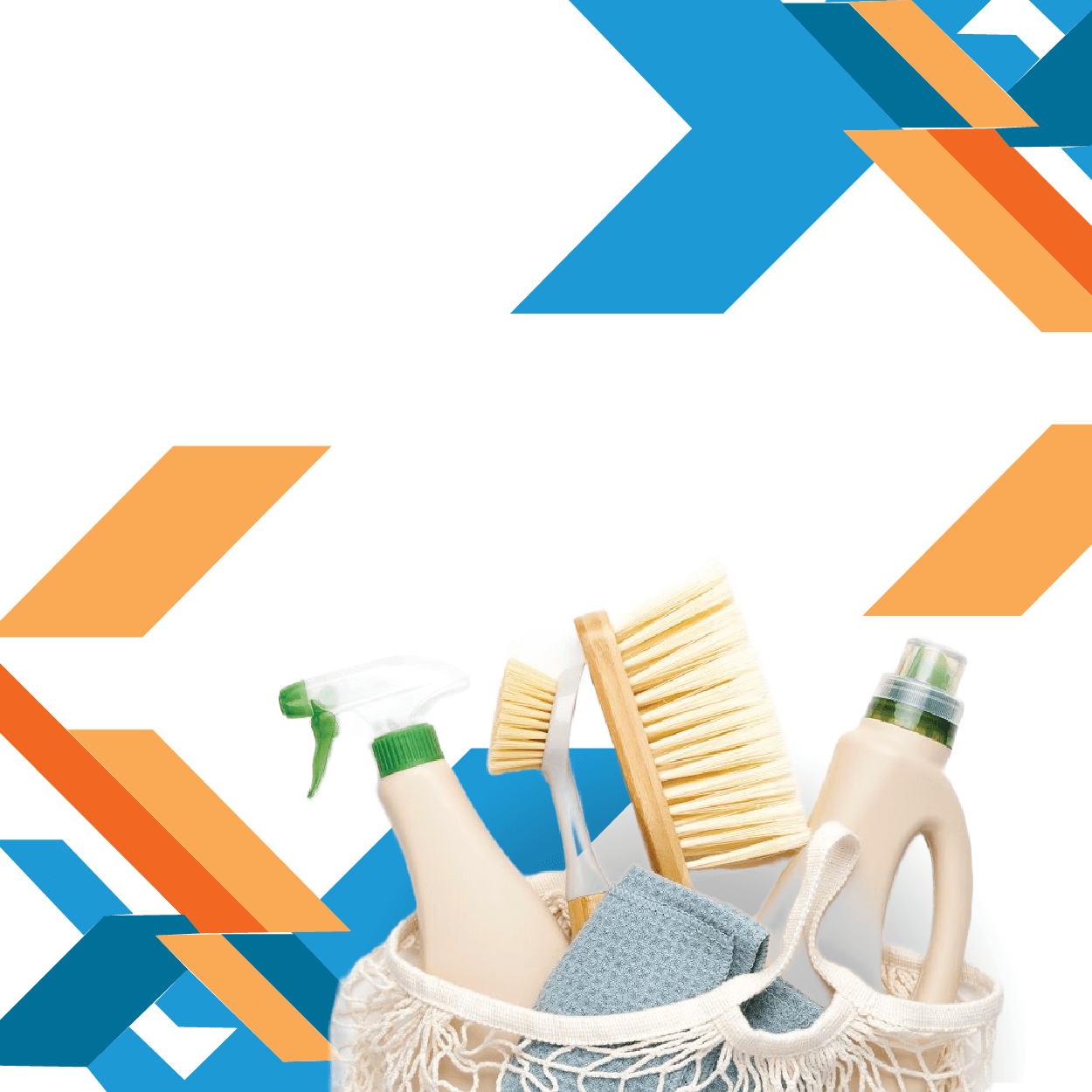 Household cleaning supplies in a crochet bag with geometric shapes in the background