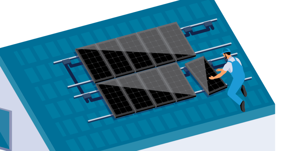 Illustration of a solar panel installer placing panels on racking system, secured to roof