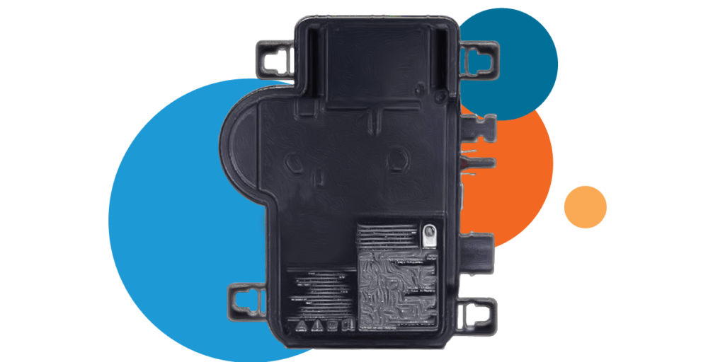 What are Solar Inverters-01 Up close view of a solar inverter with different size blue and orange circles in the background
