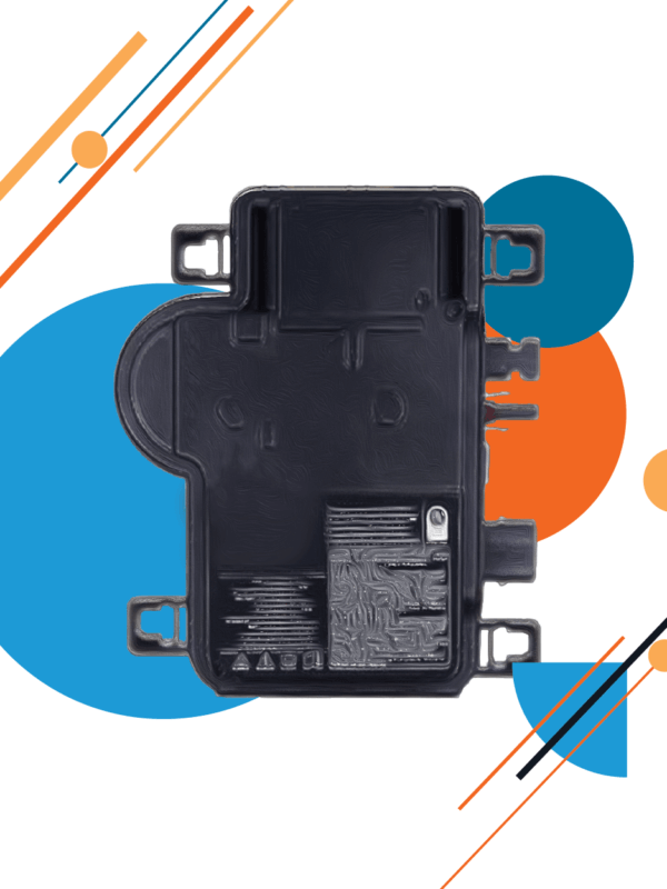 Up close view of a solar inverter with different size blue and orange circles in the background and geometric shapes and lines