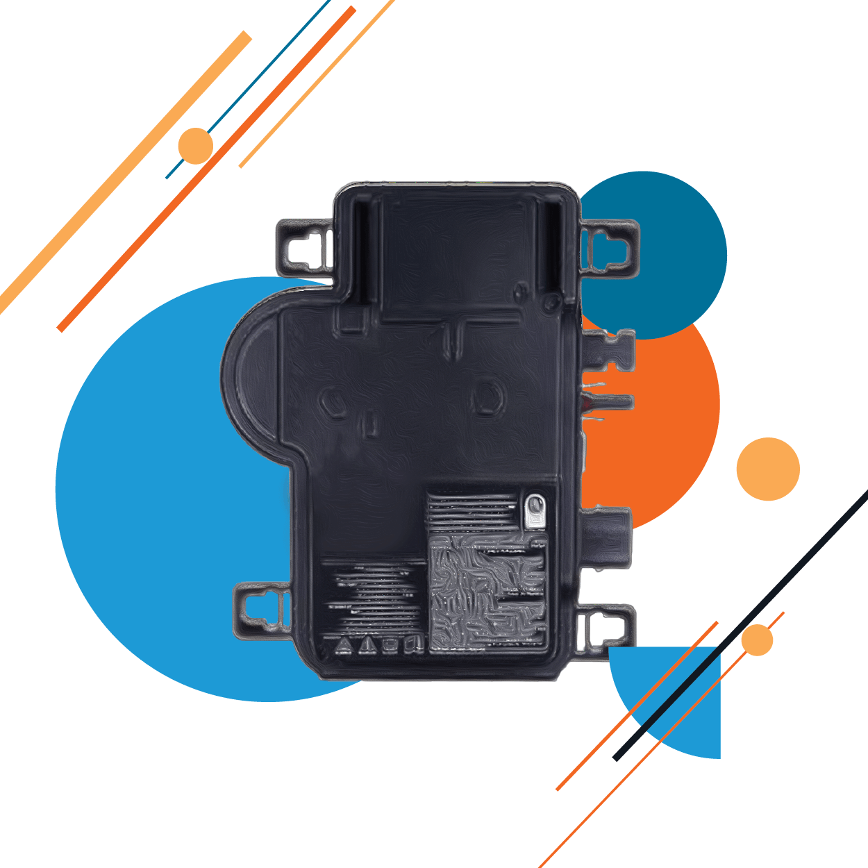 Up close view of a solar inverter with different size blue and orange circles in the background and geometric shapes and lines