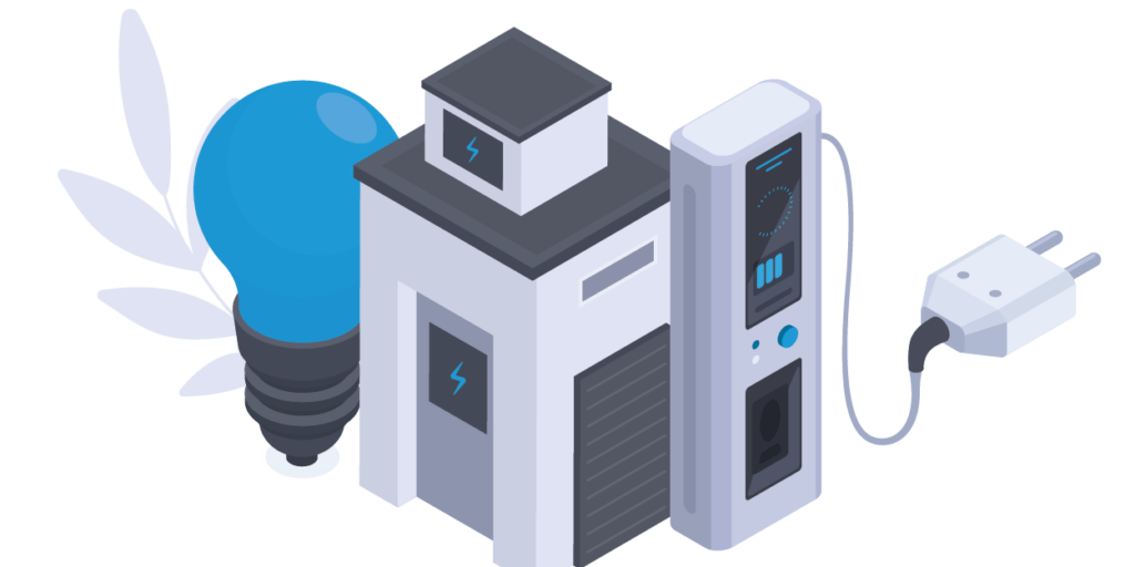 Graphic in grey and blue featuring a light bulb, charger, and electrical plug