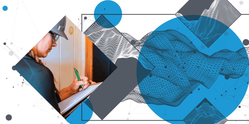 Solar PTO-01 Inspector with hard hat and clipboard, displayed in different colored geometric shapes in grey tones and blue