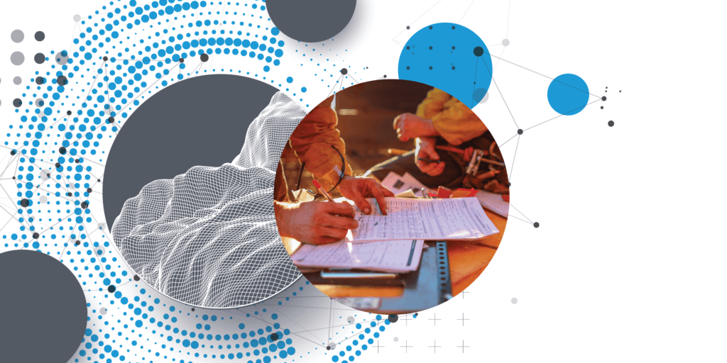 Solar PTO-02 Paperwork on a construction site highlighted around geometric circles in grey and blue