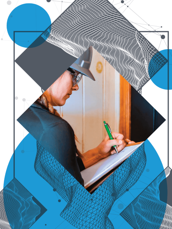 Female inspector with hard hat and clipboard, displayed in different colored geometric shapes in grey tones and blue