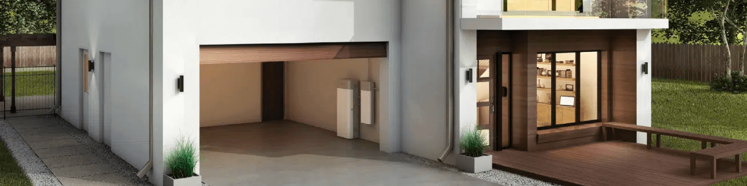 Home Storage Solutions-Banner-02 White House rendering with garage open featuring home storage solutions
