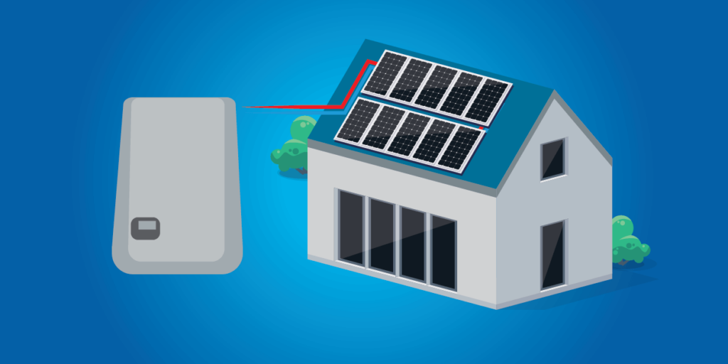 Inverter graphic leading to solar panels installed on roof of house graphic all with a blue background