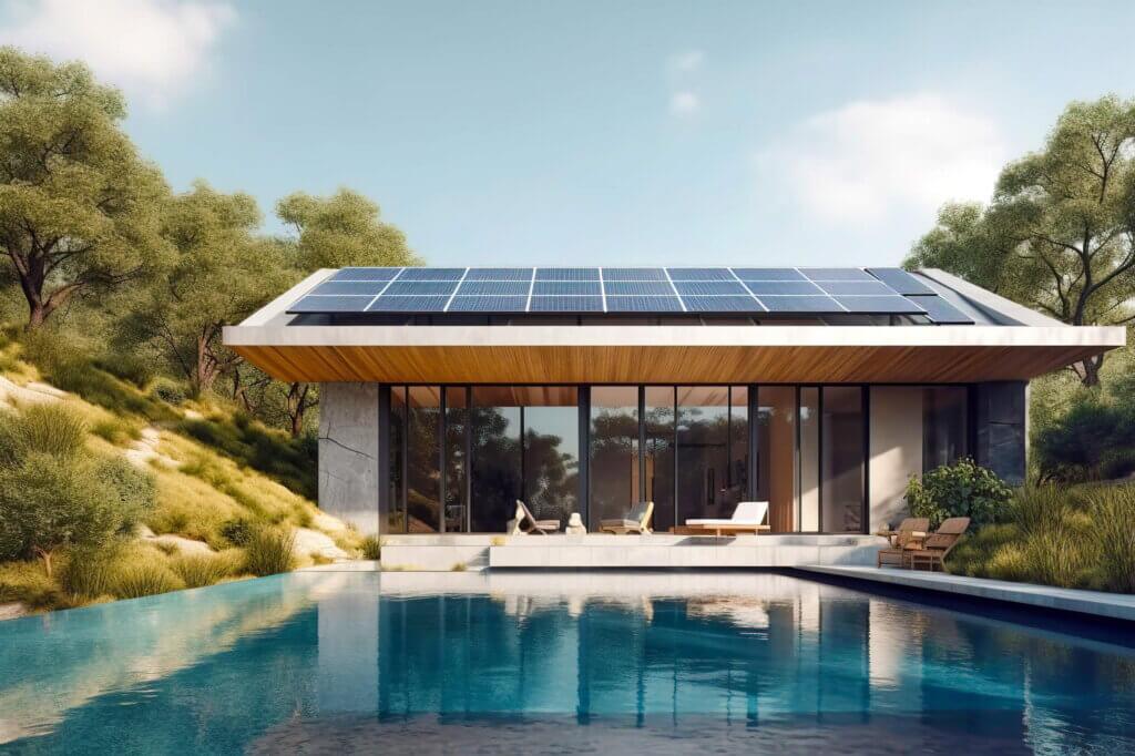 Modern pool house rendering with large solar panel system installed on roof
