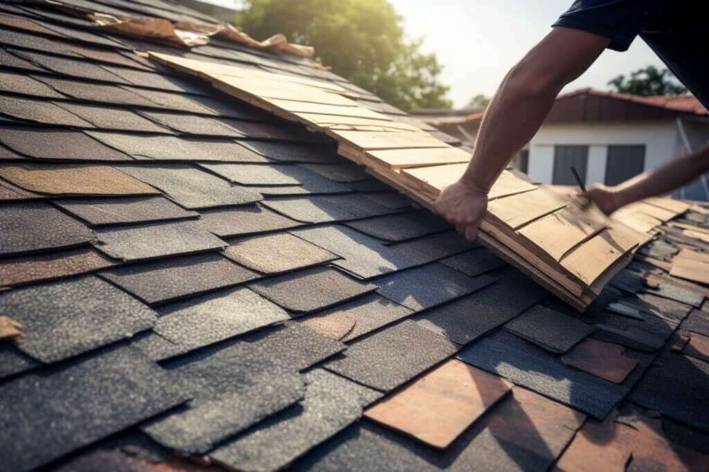 To Roof or Not to Roof-02 Up close view of an asphalt shingle roof and a homeowner making repairs