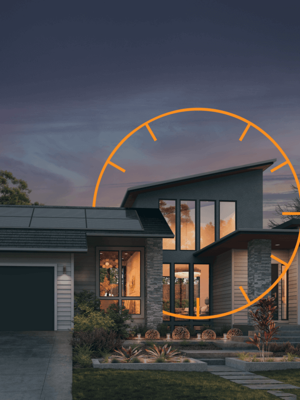 Modern house rendering at dusk and an incomplete thin-line, orange icon similar to a clock