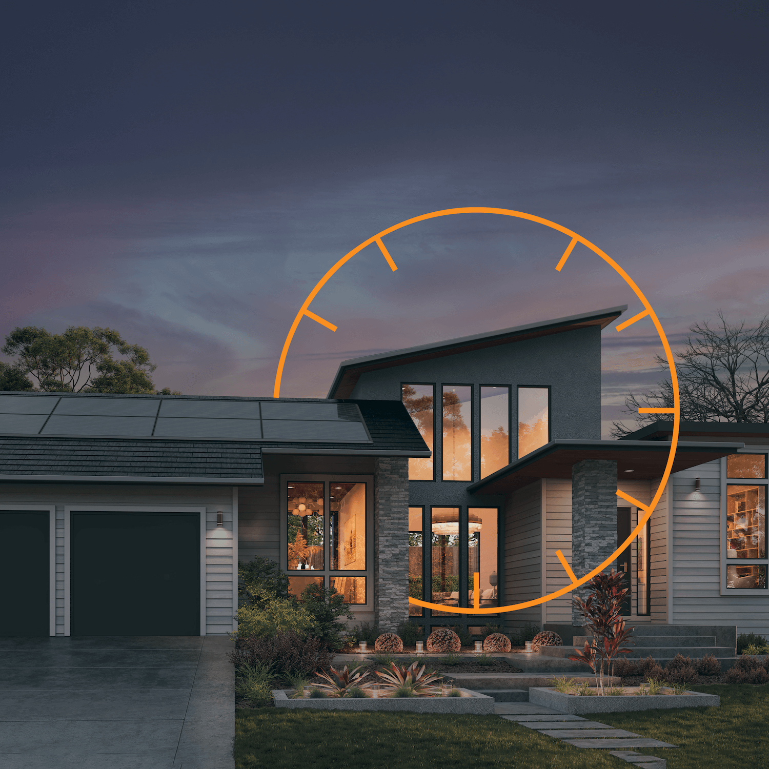 Modern house rendering at dusk and an incomplete thin-line, orange icon similar to a clock