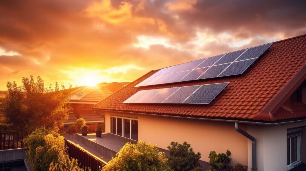 What are Photovoltaic Solar Panels-02 Large solar panel system installed on roof of second-story home with thick clouds above and the sun shining through rendering