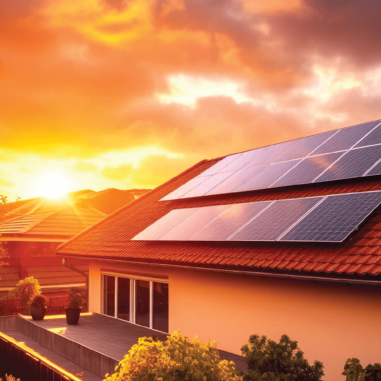 Large solar panel system installed on roof of second-story home with thick clouds above and the sun shining through rendering