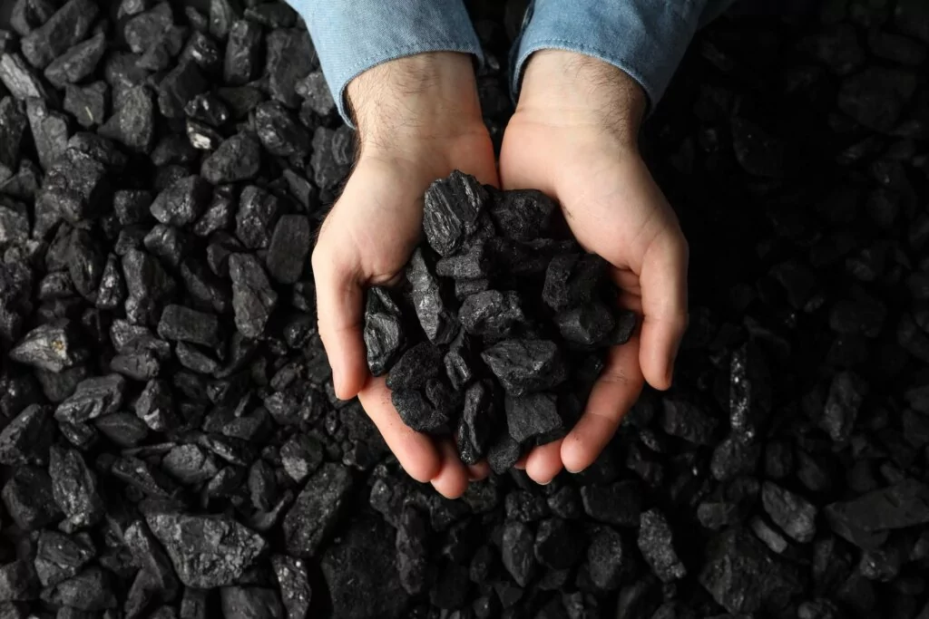 Coal The Nonrenewable Energy Resource of the Past-01 Small pieces of coal, some being held by two hands