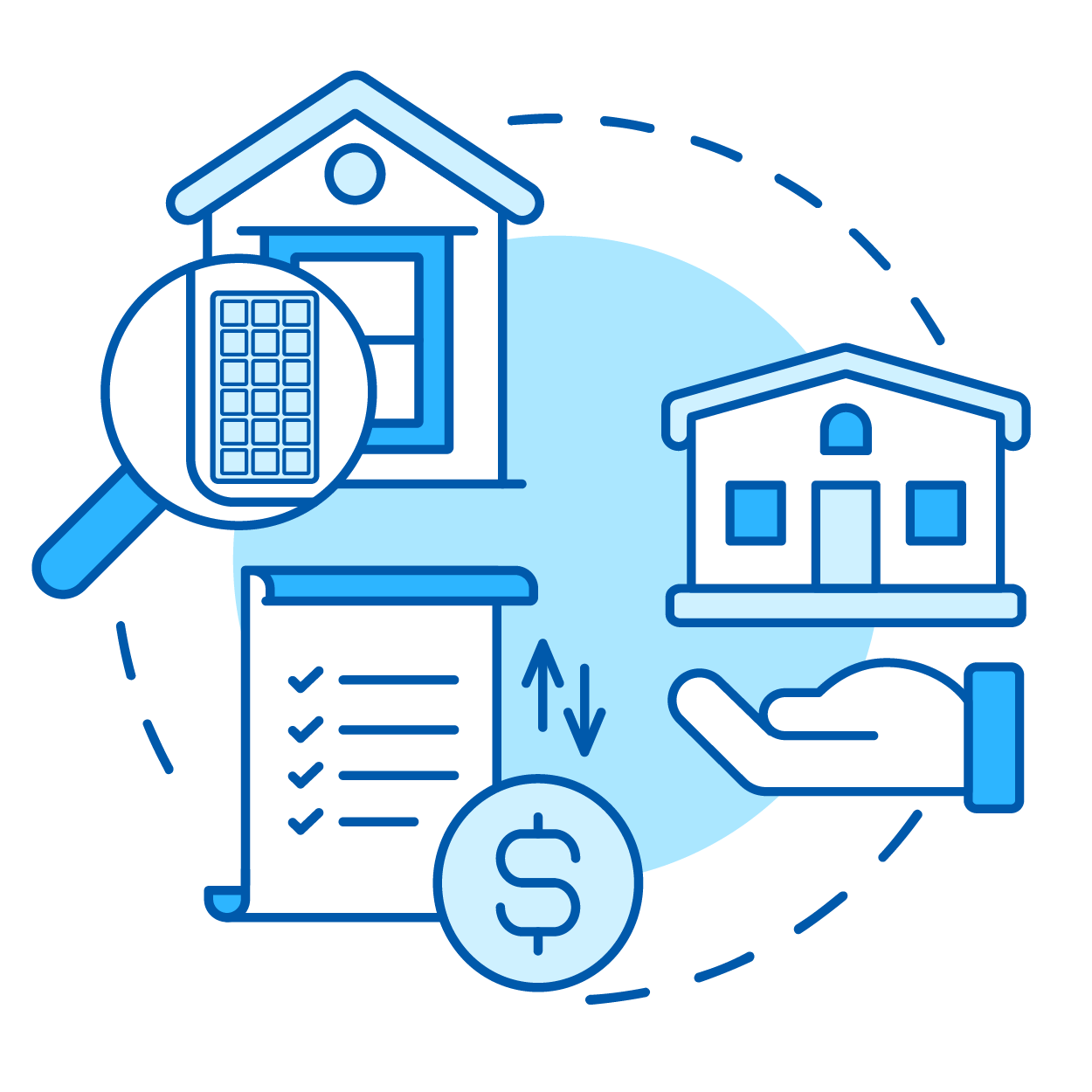 Three icons including a magnifying glass, house, and paperwork illustrating the solar permitting process in shades of blue