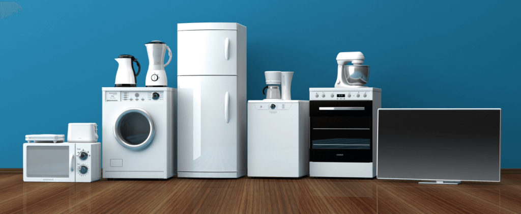 Common household appliances lined up, next to each other with a blue background