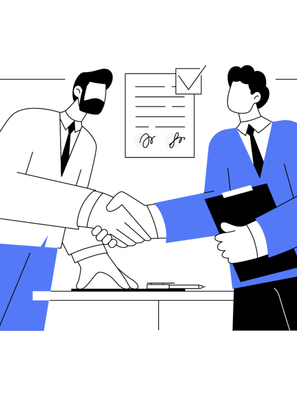 Modern graphic in black, white, and indigo of two males shaking hands across a table in agreement