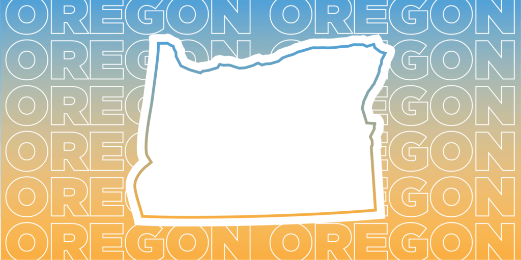 White text outline of "Oregon" repeated and overlaid on a gradient background fading from blue to orange including a white outline of the state