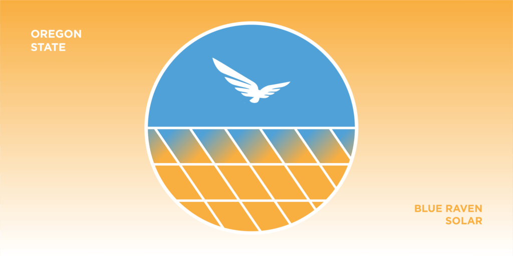 Gradient orange background with "OREGON STATE" on the left and "BLUE RAVEN SOLAR" on the right. A circular logo in the center shows a white bird above a blue and orange pattern resembling solar panels.