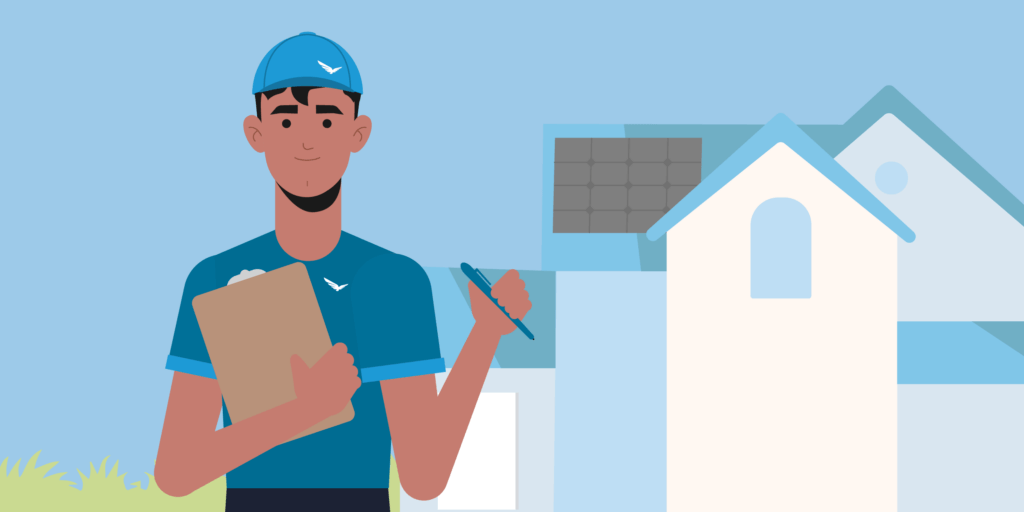 Male character with Blue Raven Solar branded hat and shirt holding a clipboard and pen in front of a house with solar panels