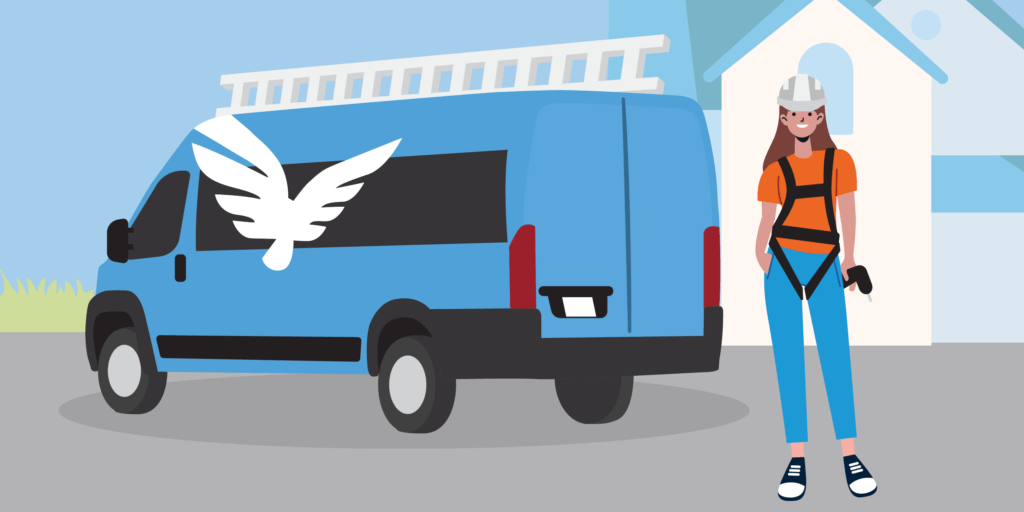 Female character in a harness and hardhat standing next to a Blue Raven Solar branded installation van with a house in the background