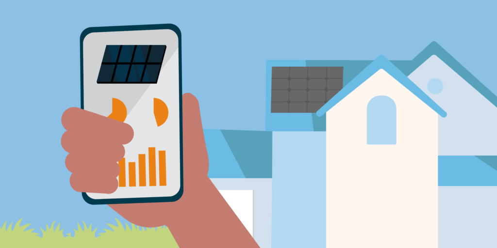 Hand holding a smart phone with solar metrics and analytics of performance with a house with solar panels on roof in the background