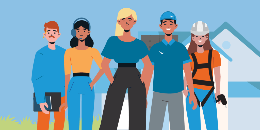 Five different characters standing in front of a house with solar panels, representing a solar installation team
