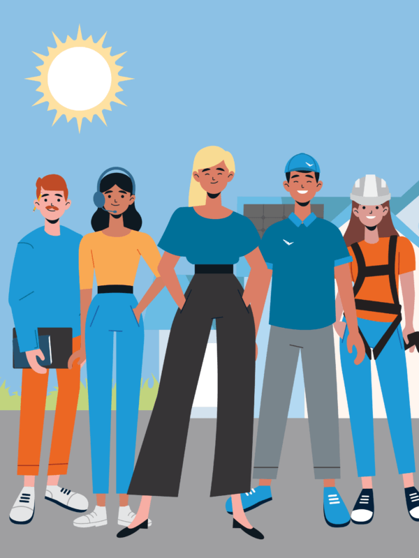 Five different characters standing in front of a house with solar panels and a sun in the sky, representing a solar installation team