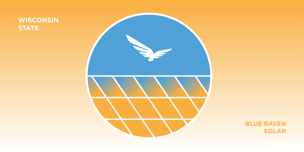 Gradient orange background with "WISCONSIN" on the left and "BLUE RAVEN SOLAR" on the right. A circular logo in the center shows a white bird above a blue and orange pattern resembling solar panels.