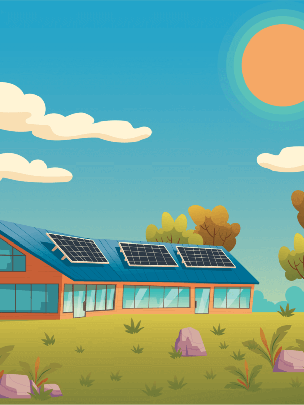 A graphic in bright colors featuring an asymmetrical house with solar panels on the roof