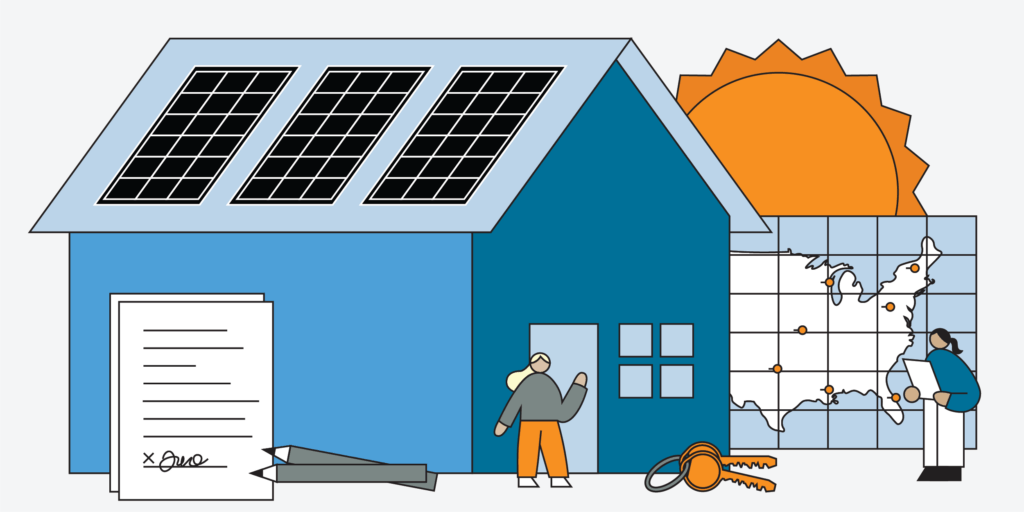 A Homeowner's Guide to the Solar Investment Tax Credit-02 Graphic with a blue house and three solar panels, the sun, map, forms, and pencils, and small, large bodied characters