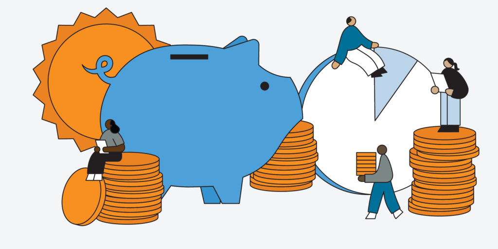 A Homeowner's Guide to the Solar Investment Tax Credit-03 Graphic with piggy bank, sun, pie chart, and coins and small, large bodied characters