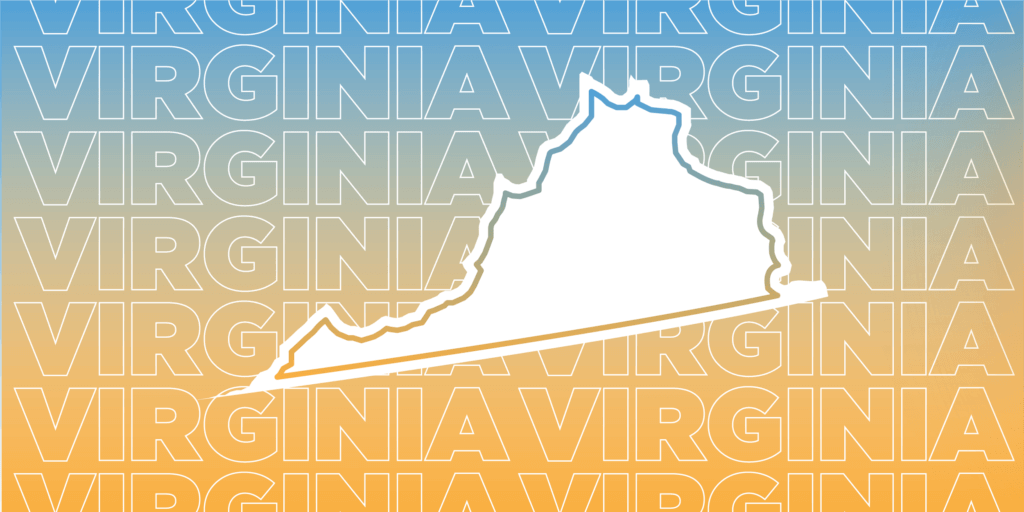 The image has a blue-to-orange gradient background with "VIRGINIA" repeated in the background. A white outline of Virginia is in the center.
