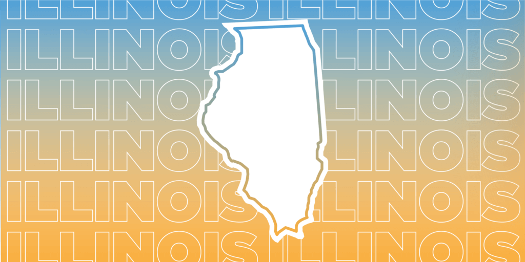 The image has a blue-to-orange gradient background with "ILLINOIS" repeated in the background. A white outline of Illinois is in the center.