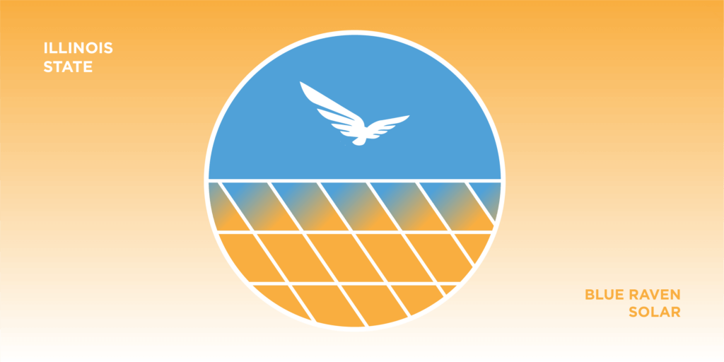 Gradient orange background with "ILLINOIS" on the left and "BLUE RAVEN SOLAR" on the right. A circular logo in the center shows a white bird above a blue and orange pattern resembling solar panels.