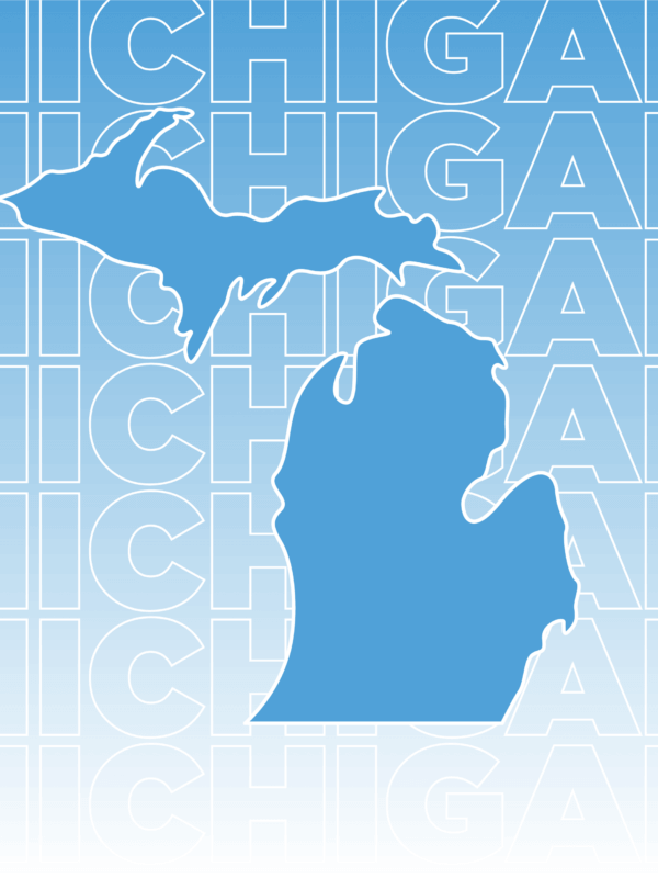 White text outline of "Michigan" repeated and overlaid on a gradient background fading from blue to white including a blue outline of the state